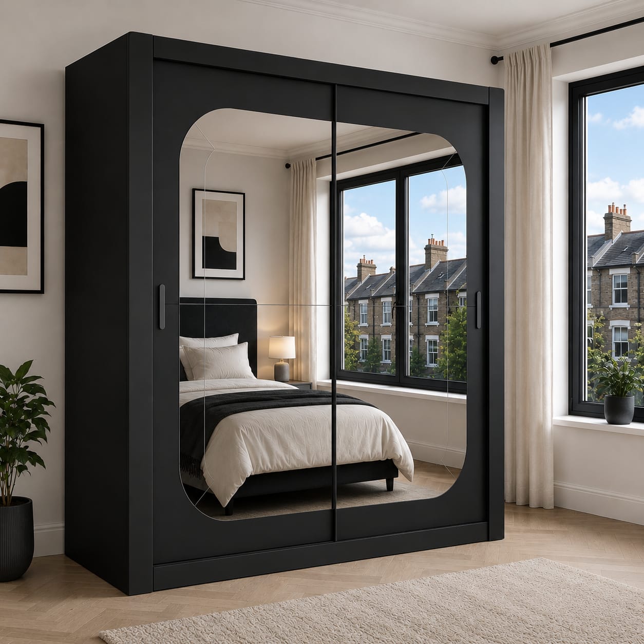 Dallas 180CM Sliding Door Wardrobe with Large Mirror – Modern Bedroom Storage in White, Black & Grey