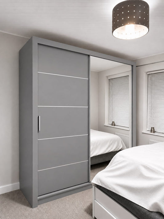 203 CM Lyon Sliding Door Wardrobe with Mirror – White, Black, Brown & Grey