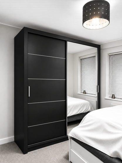 203 CM Lyon Sliding Door Wardrobe with Mirror – White, Black, Brown & Grey