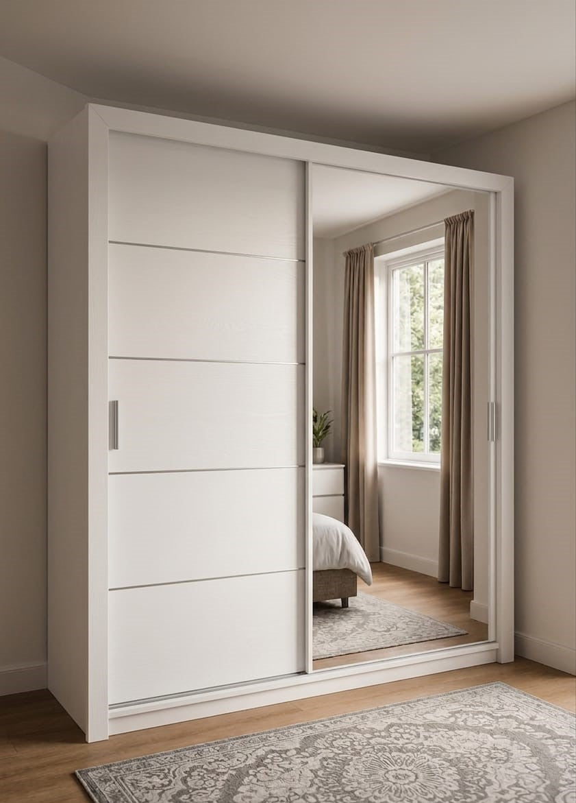 180 CM Lyon Sliding Door Wardrobe with Mirror – Modern White Bedroom Storage