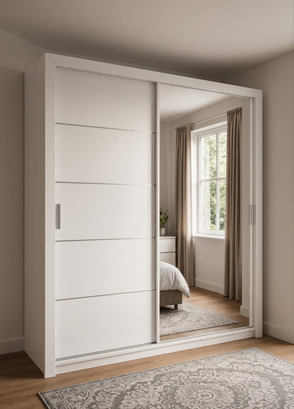 180 CM Lyon Sliding Door Wardrobe with Mirror – Modern White Bedroom Storage