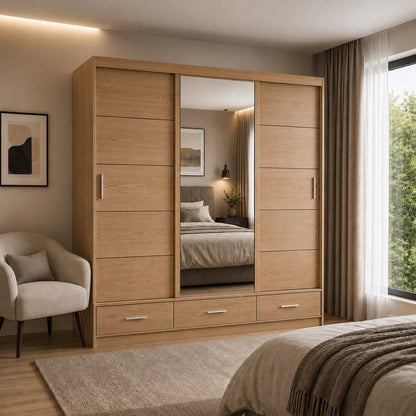 205 CM Florence Sliding Mirror Wardrobe with Drawers – Modern Bedroom Storage in 4 Colours