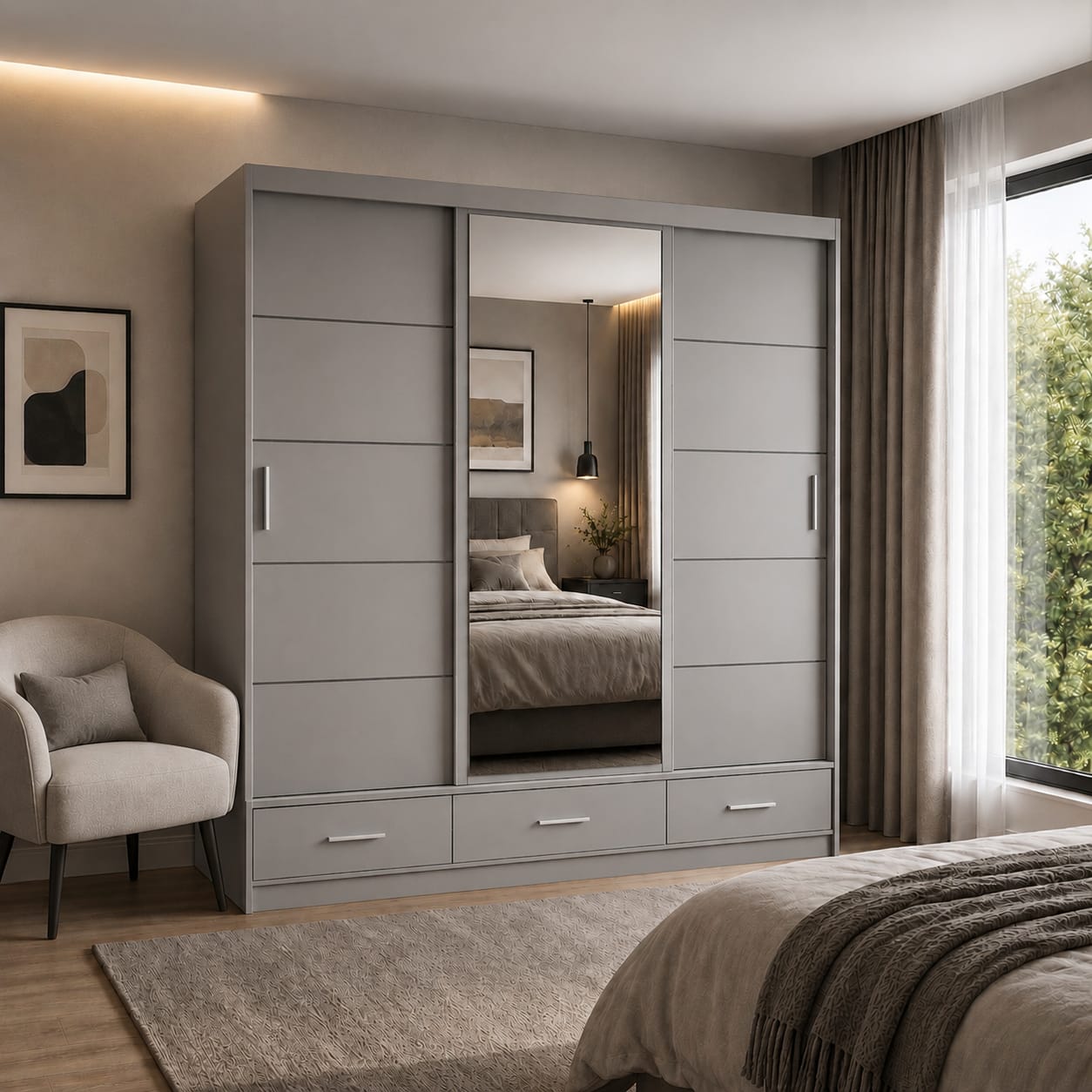 205 CM Florence Sliding Mirror Wardrobe with Drawers – Modern Bedroom Storage in 4 Colours