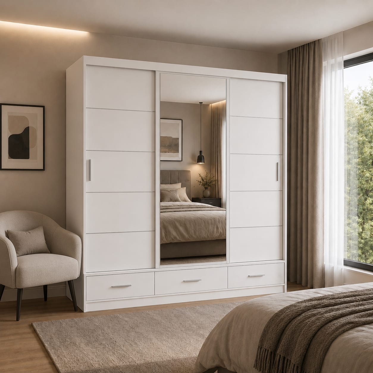 205 CM Florence Sliding Mirror Wardrobe with Drawers – Modern Bedroom Storage in 4 Colours