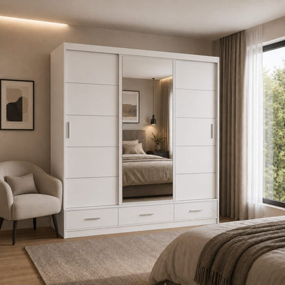 205 CM Florence Sliding Mirror Wardrobe with Drawers – Modern Bedroom Storage in 4 Colours
