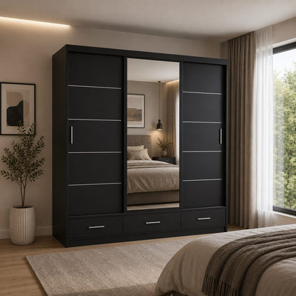 205 CM Florence Sliding Mirror Wardrobe with Drawers – Modern Bedroom Storage in 4 Colours