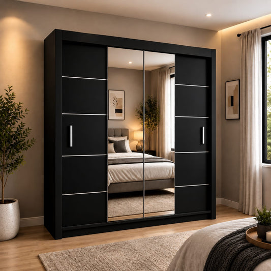 203 CM Oslo Sliding Mirror Wardrobe – Large Modern Bedroom Storage in 4 Colours