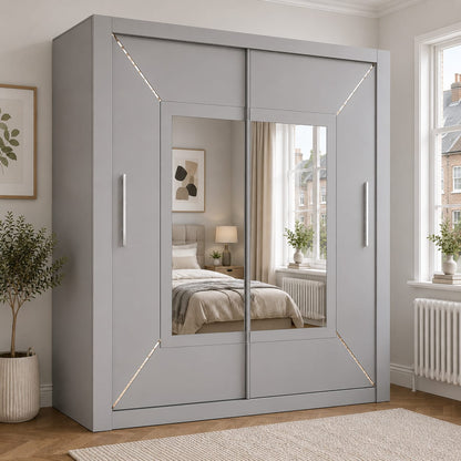 203CM Venice Sliding Door Wardrobe with Centre Mirror – Modern Bedroom Storage in Black, White & Grey