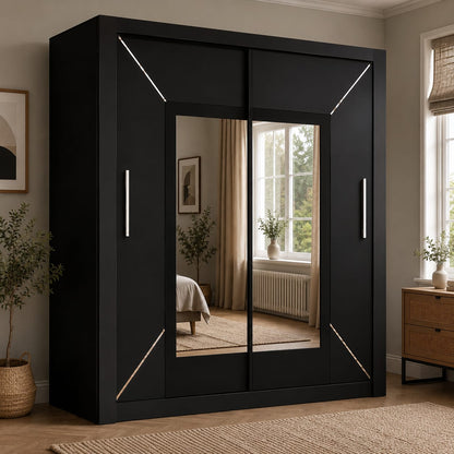 203CM Venice Sliding Door Wardrobe with Centre Mirror – Modern Bedroom Storage in Black, White & Grey
