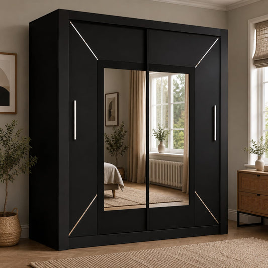 203CM Venice Sliding Door Wardrobe with Centre Mirror – Modern Bedroom Storage in Black, White & Grey