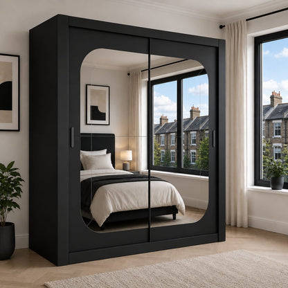 Dallas 180CM Sliding Door Wardrobe with Large Mirror – Modern Bedroom Storage in White, Black & Grey