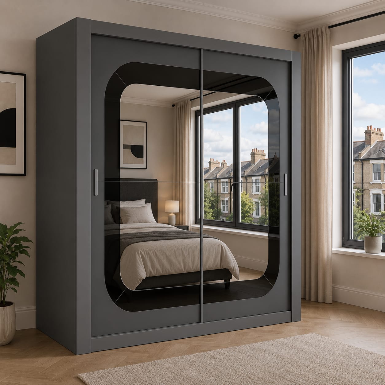 Dallas 180CM Sliding Door Wardrobe with Large Mirror – Modern Bedroom Storage in White, Black & Grey
