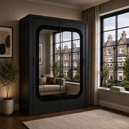 Dallas 150CM Sliding Door Wardrobe with Large Mirror – Modern Bedroom Storage in White, Black & Grey