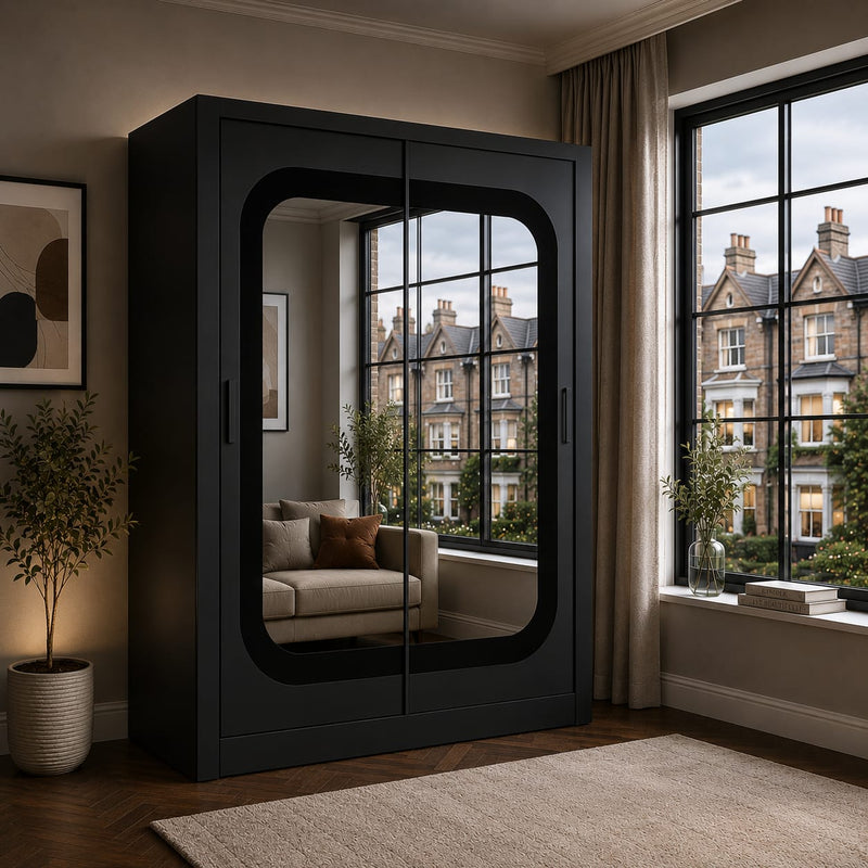 Dallas 150CM Sliding Door Wardrobe with Large Mirror – Modern Bedroom Storage in White, Black & Grey