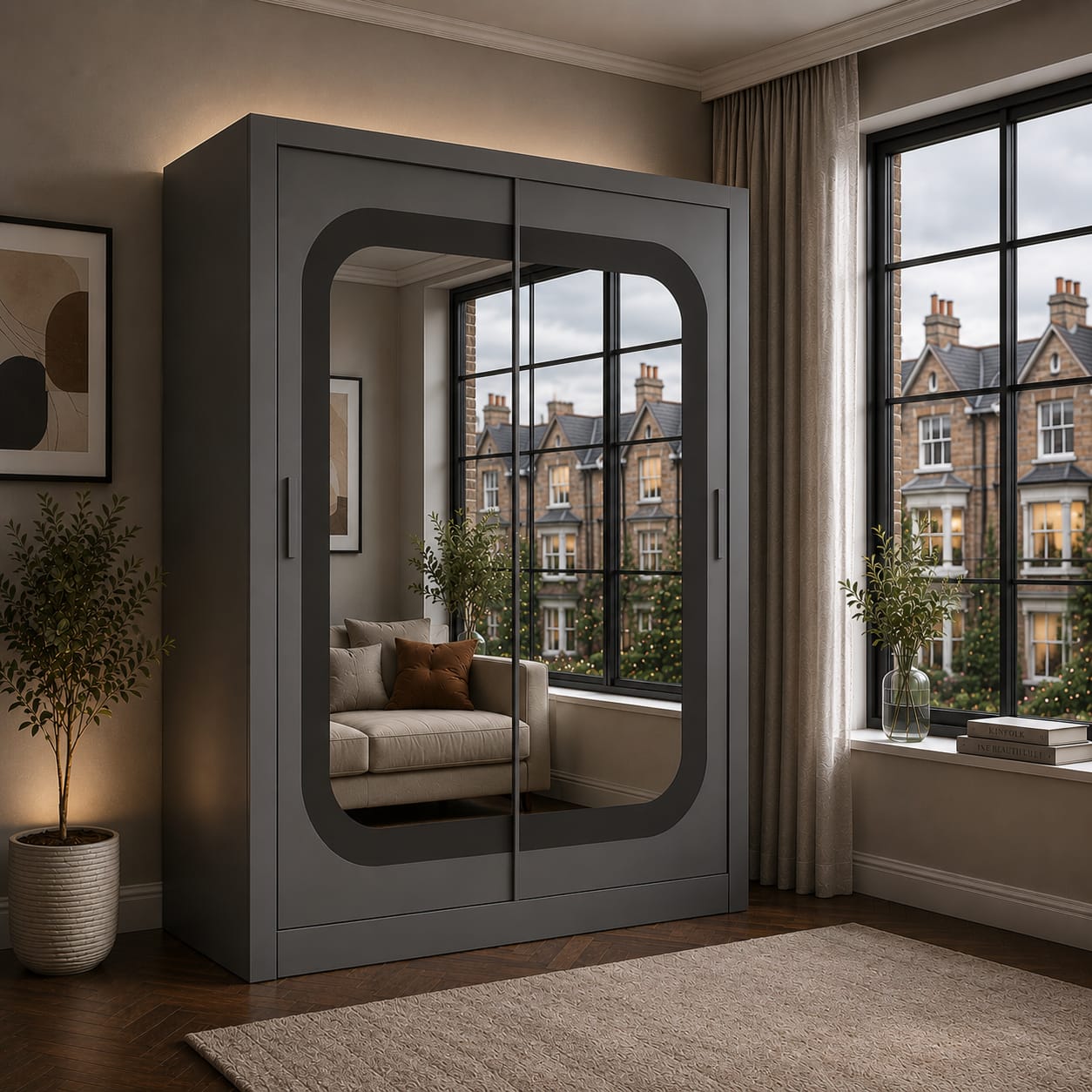 Dallas 150CM Sliding Door Wardrobe with Large Mirror – Modern Bedroom Storage in White, Black & Grey