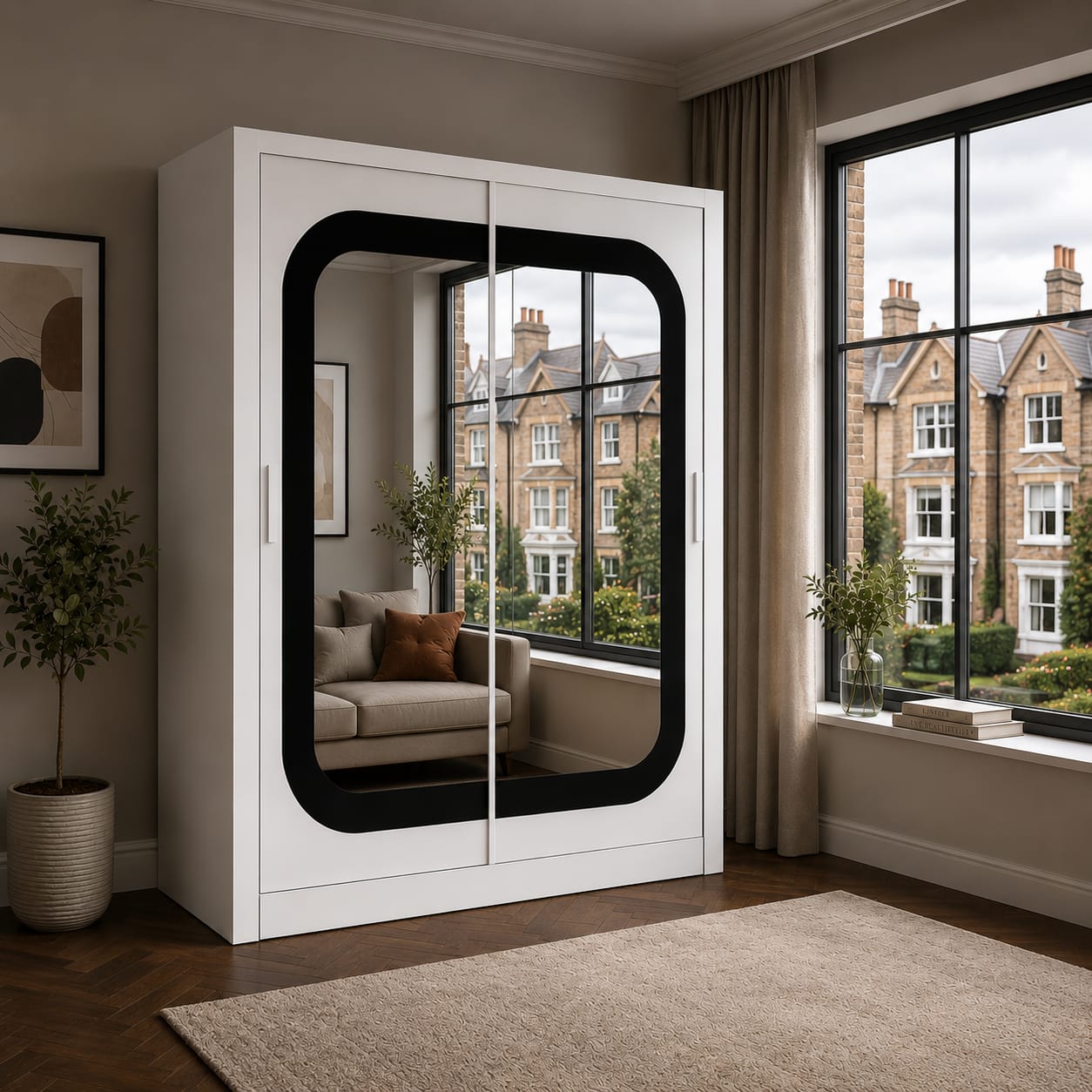 Dallas 150CM Sliding Door Wardrobe with Large Mirror – Modern Bedroom Storage in White, Black & Grey